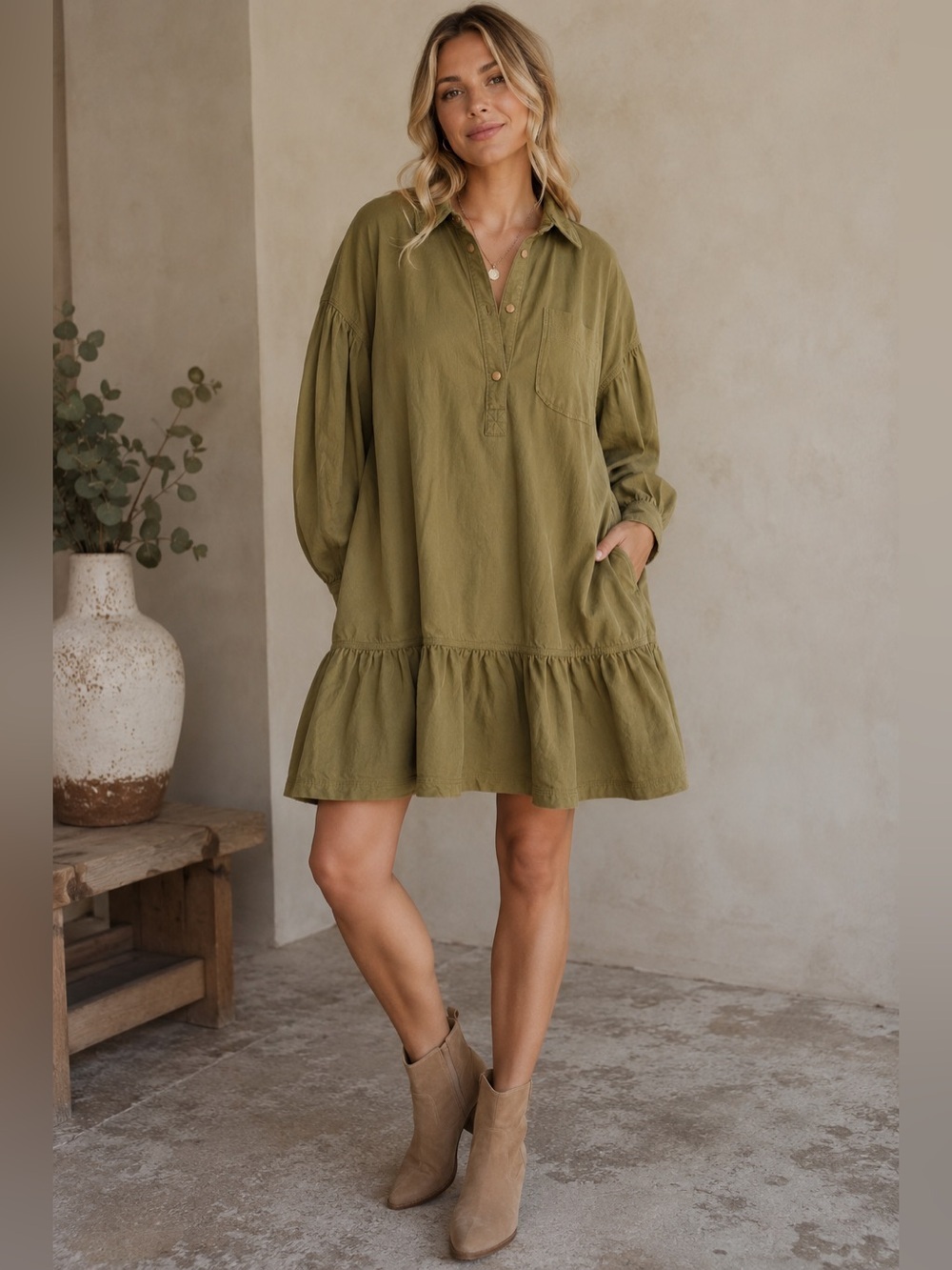 Essentiel Antwerp Olive Green Tiered Shirt Dress Size Large
